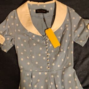 Chic Blue Polka Dot Dress with White Collar